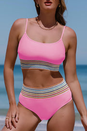 Scoop neck spaghetti strap bikini set with removable padding.
