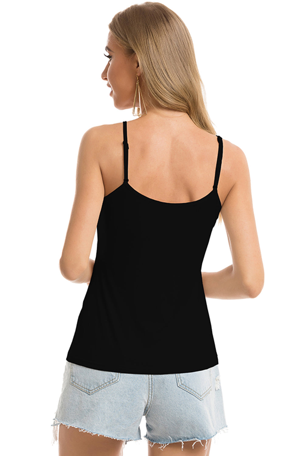 Scoop neck spaghetti strap cami, opaque and stretchy.