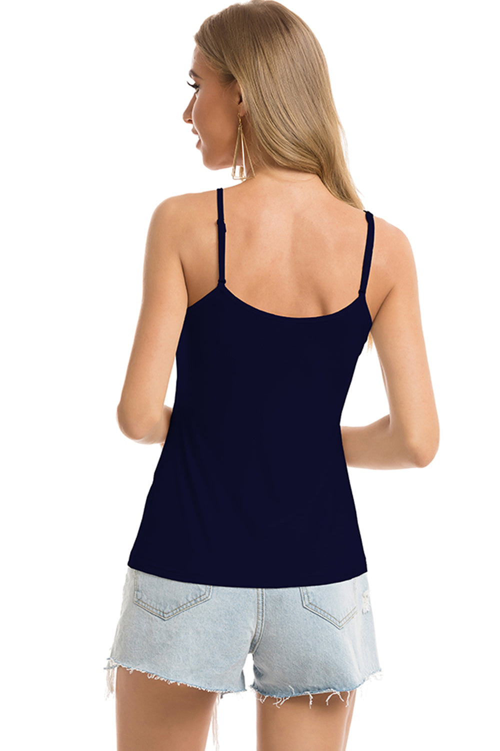 Scoop neck spaghetti strap cami, opaque and stretchy.