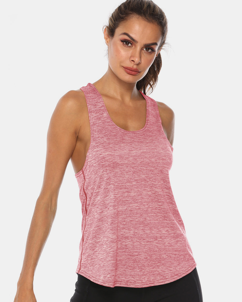 Full size scoop neck wide strap active tank, opaque and moderately stretchy.