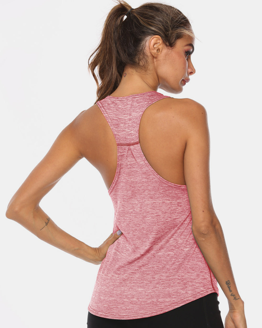 Full size scoop neck wide strap active tank, opaque and moderately stretchy.