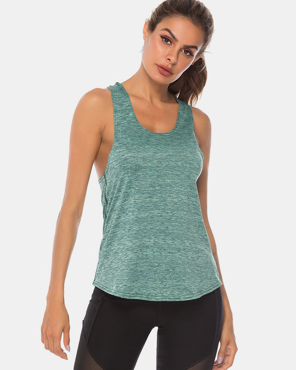 Full size scoop neck wide strap active tank, opaque and moderately stretchy.