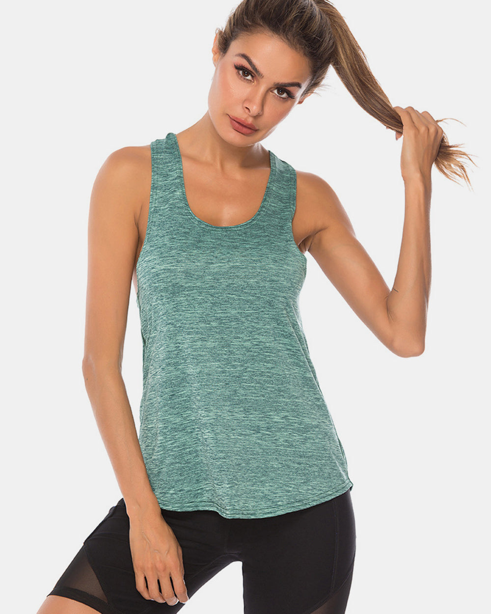 Full size scoop neck wide strap active tank, opaque and moderately stretchy.