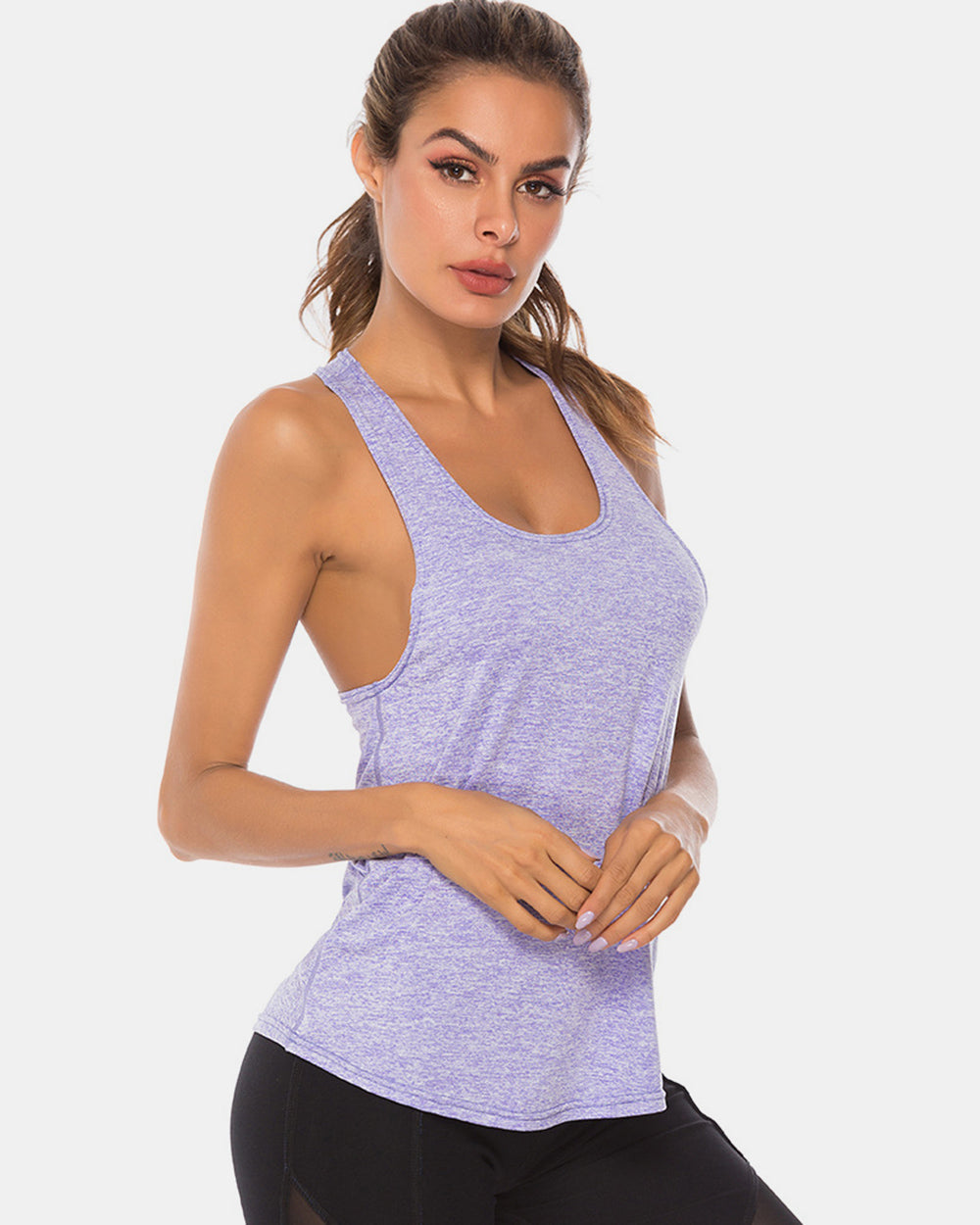 Full size scoop neck wide strap active tank, opaque and moderately stretchy.