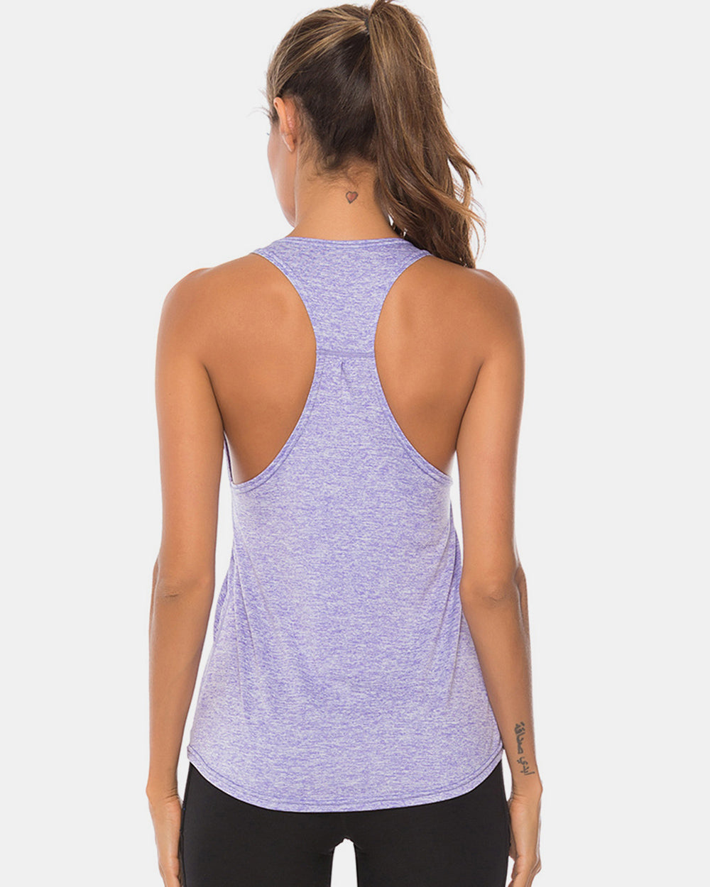 Full size scoop neck wide strap active tank, opaque and moderately stretchy.