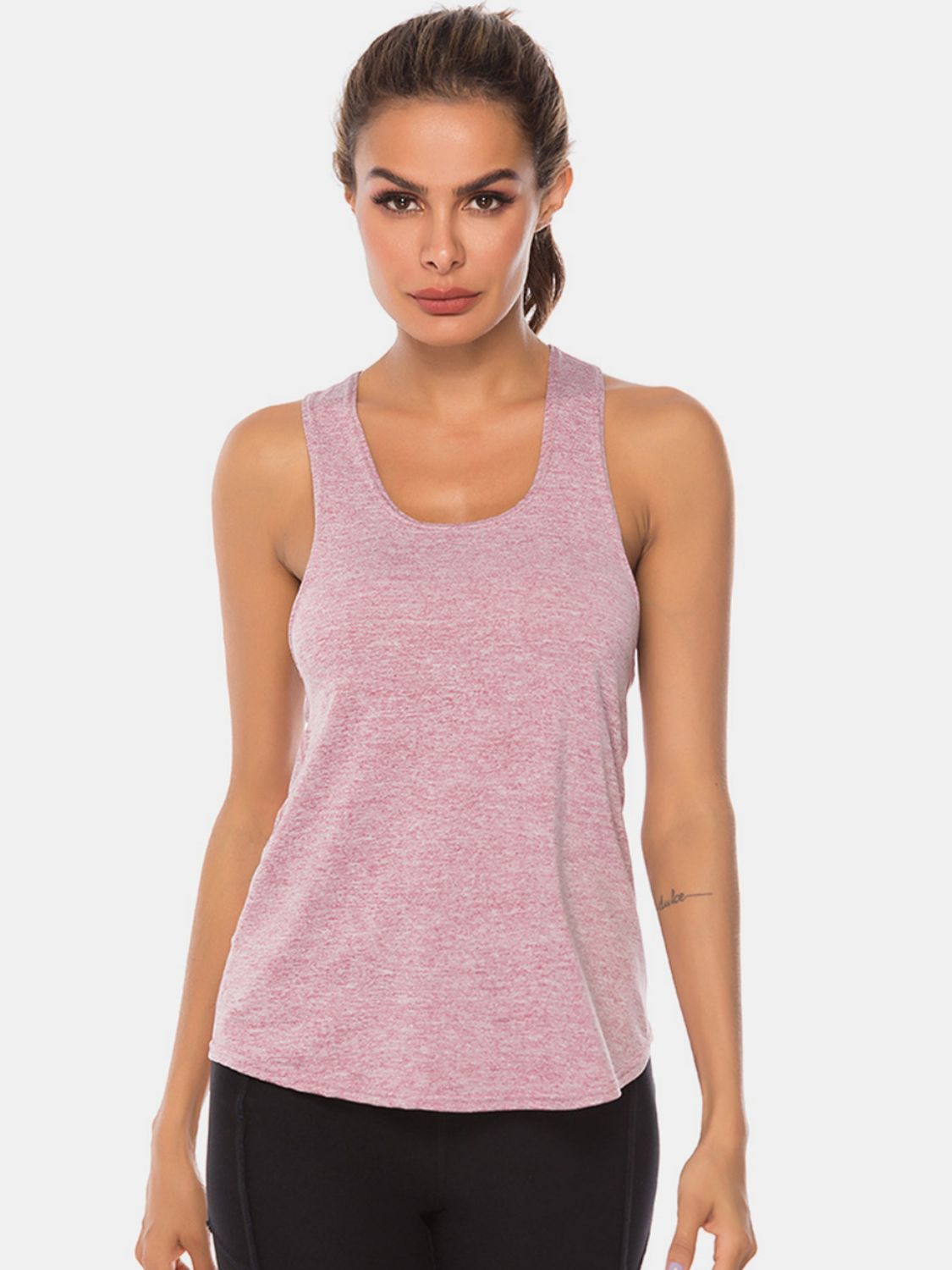 Full size scoop neck wide strap active tank, opaque and moderately stretchy.