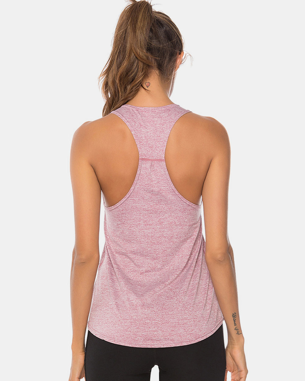 Full size scoop neck wide strap active tank, opaque and moderately stretchy.