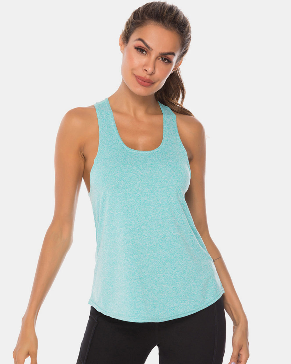 Full size scoop neck wide strap active tank, opaque and moderately stretchy.