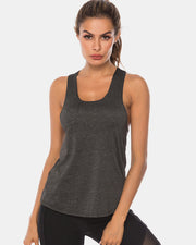 Full size scoop neck wide strap active tank, opaque and moderately stretchy.