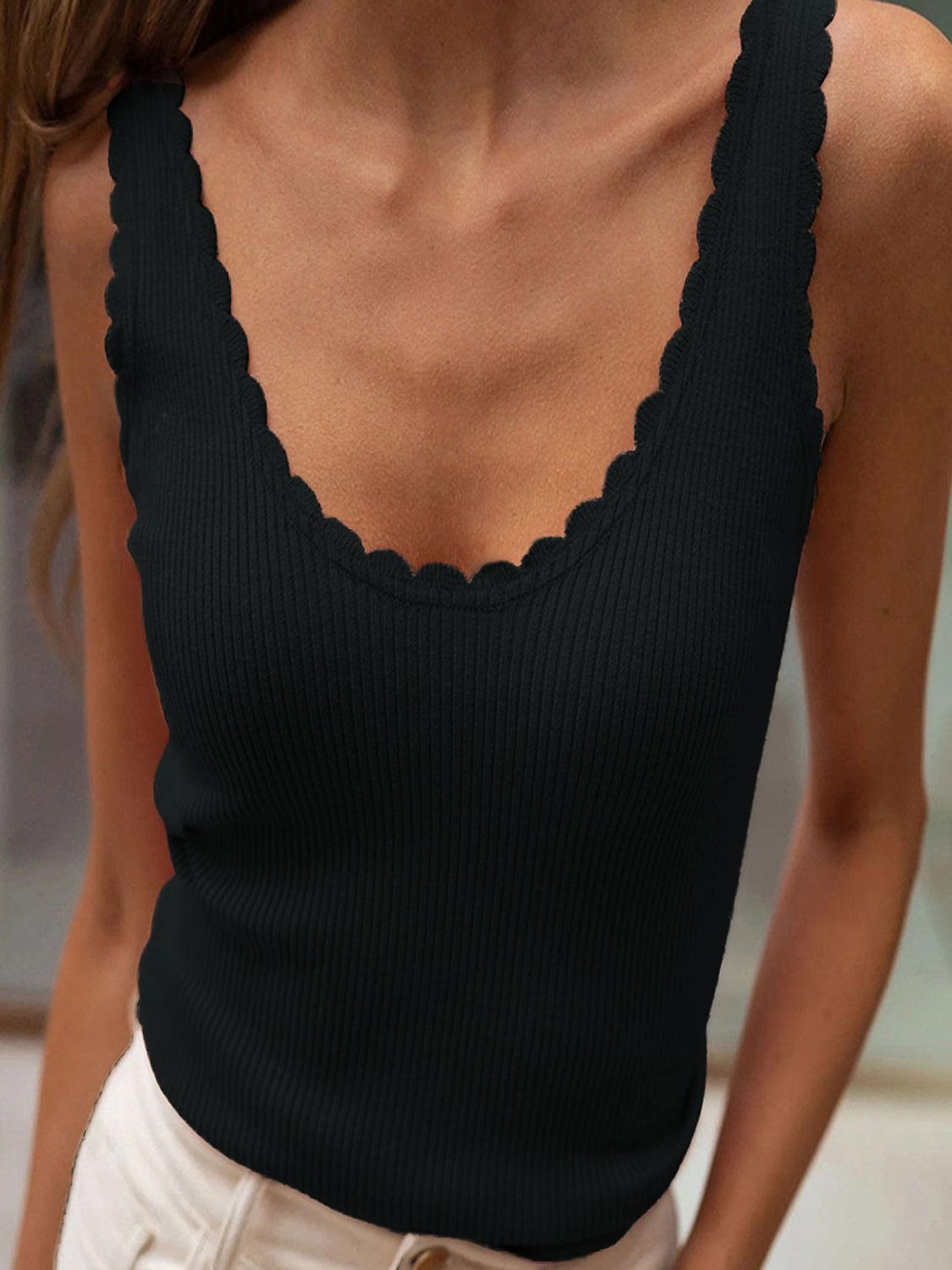 Scoop neck wide strap knit tank, slightly stretchy.