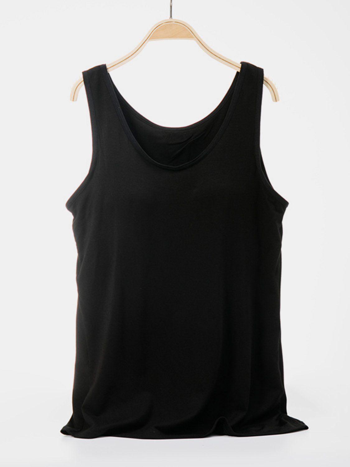 Scoop neck wide strap tank, opaque and moderately stretchy.