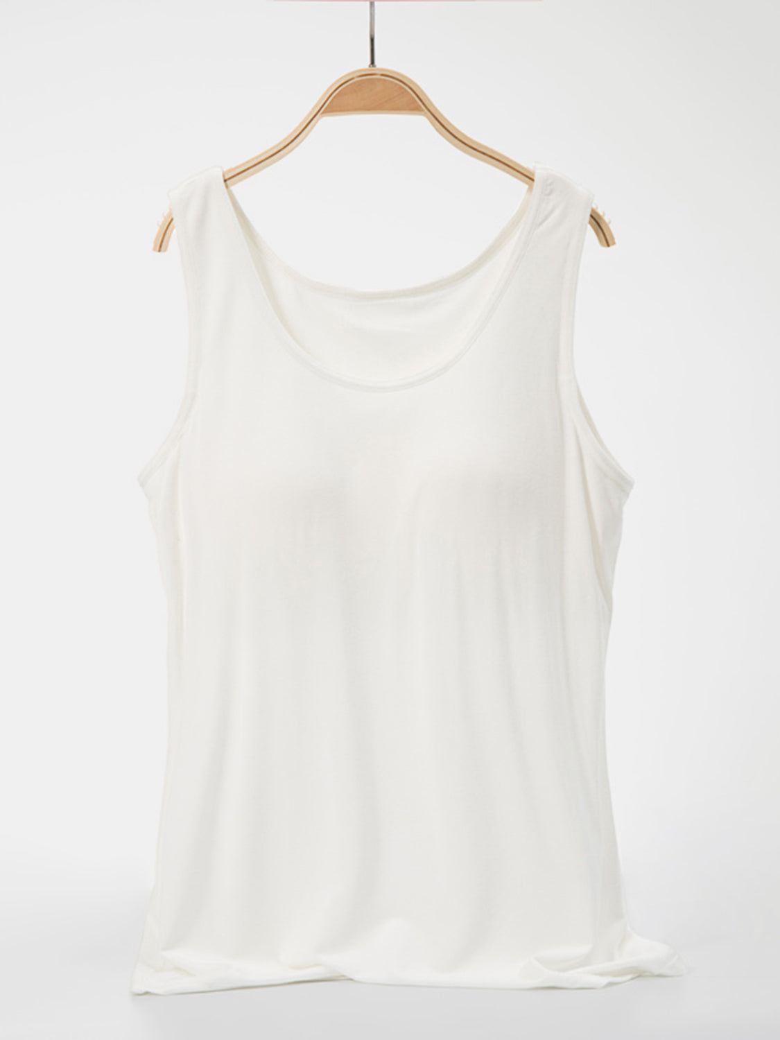 Scoop neck wide strap tank, opaque and moderately stretchy.