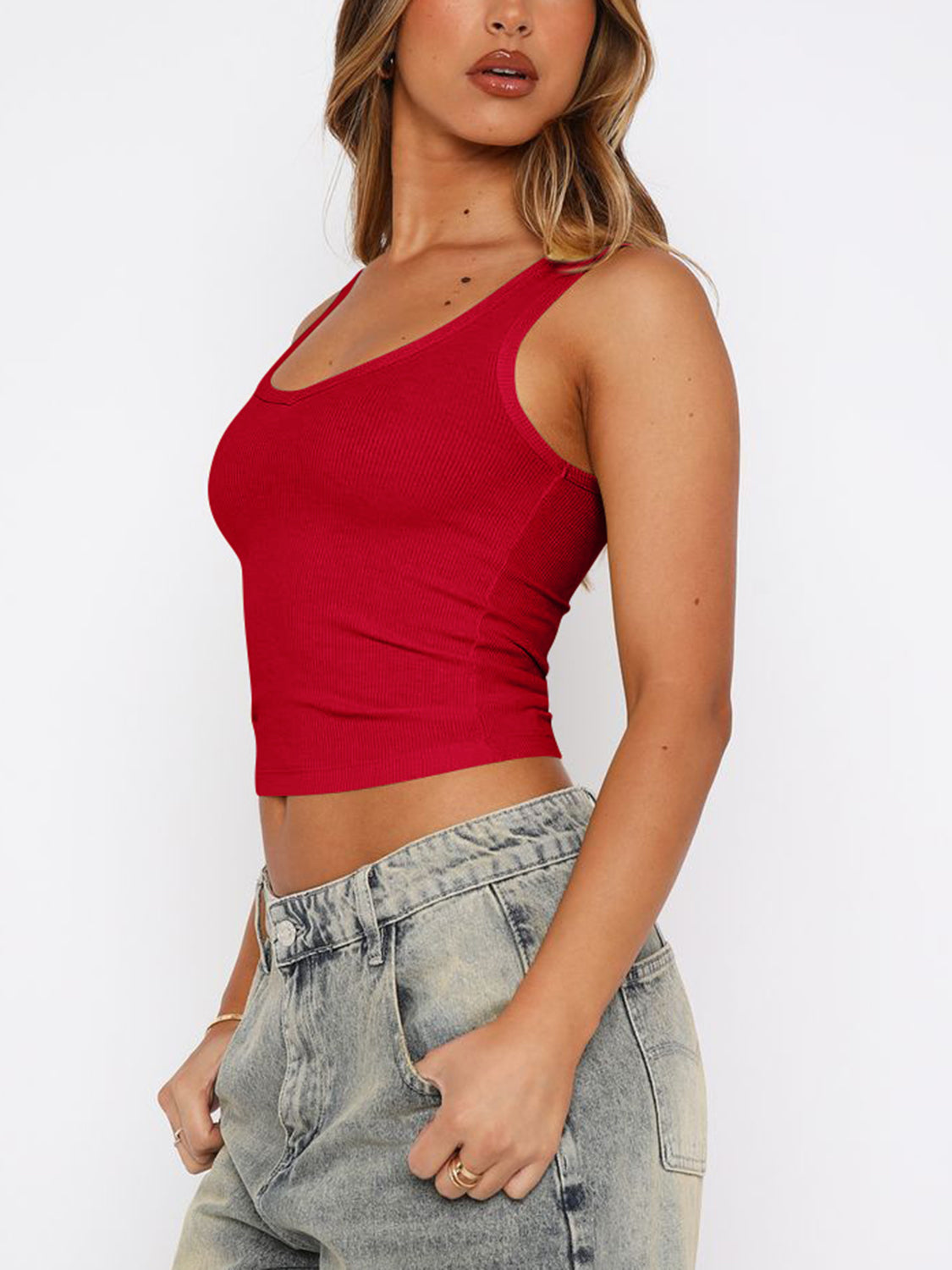 Scoop neck wide strap tank, opaque and slightly stretchy.