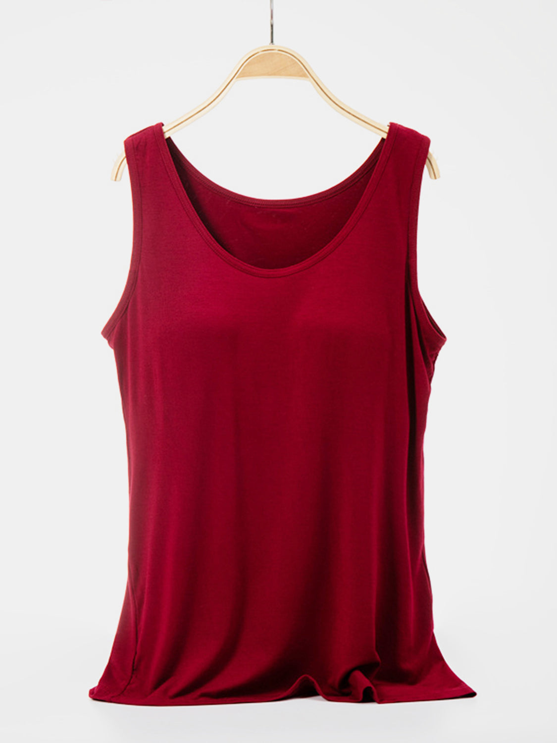 Scoop neck wide strap tank, opaque and moderately stretchy.