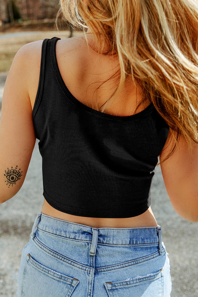 Scoop neck wide strap tank, opaque and slightly stretchy.