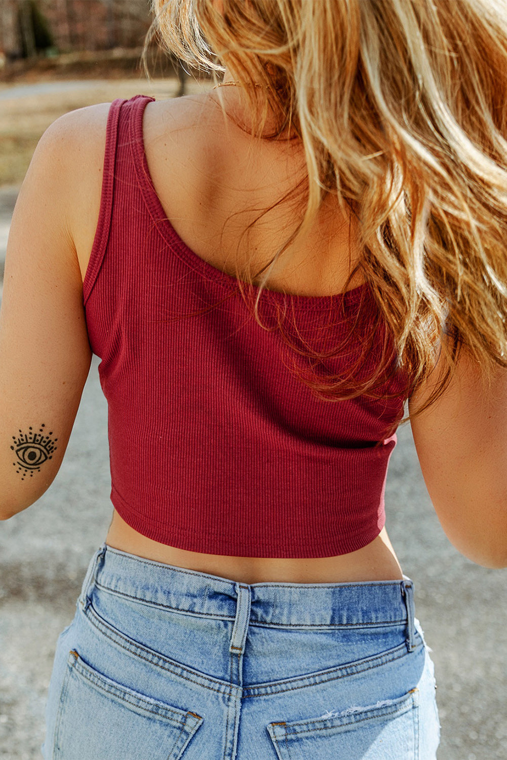 Scoop neck wide strap tank, opaque and moderately stretchy.