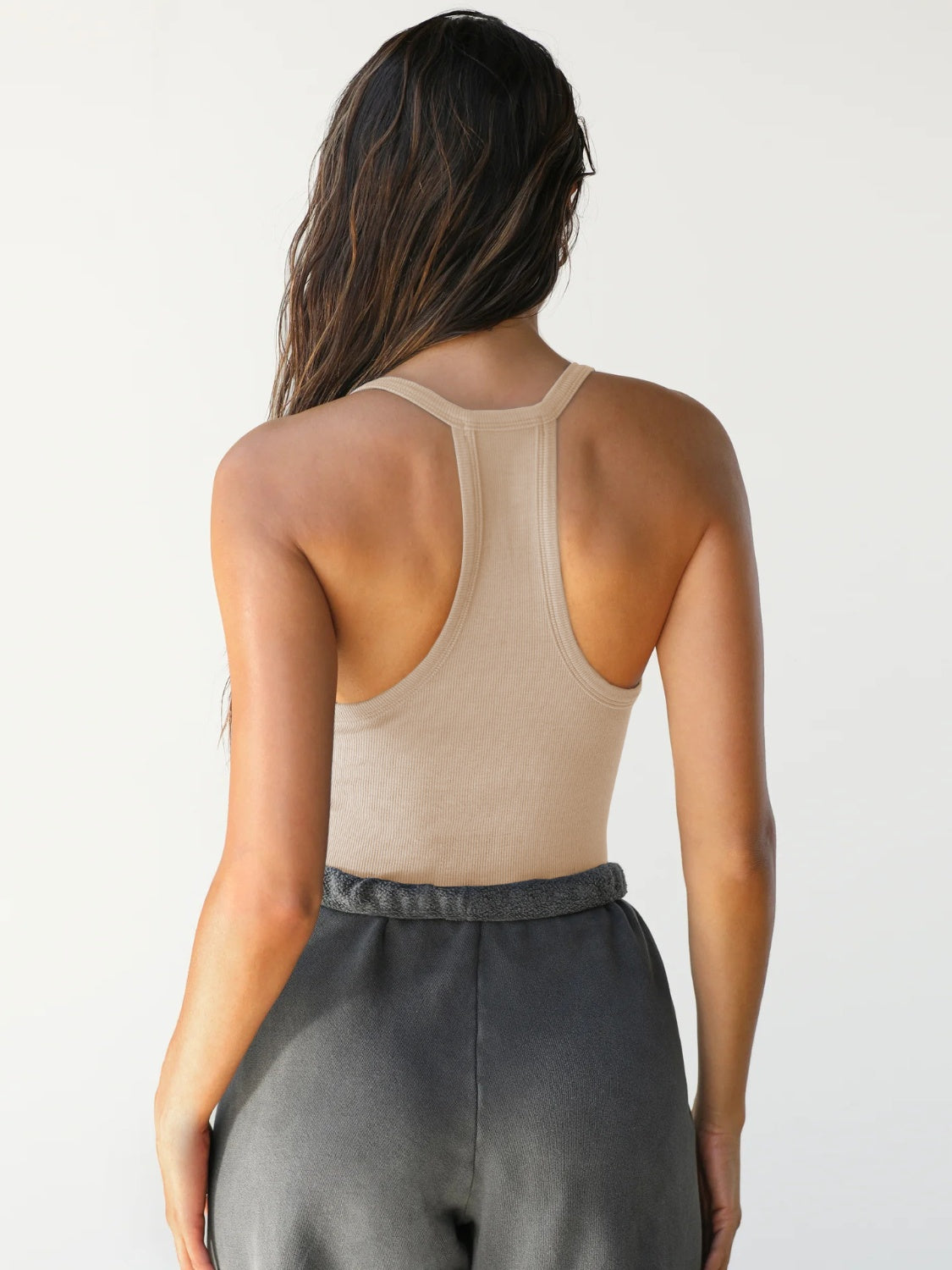 Scoop neck wide strap tank, opaque and moderately stretchy.
