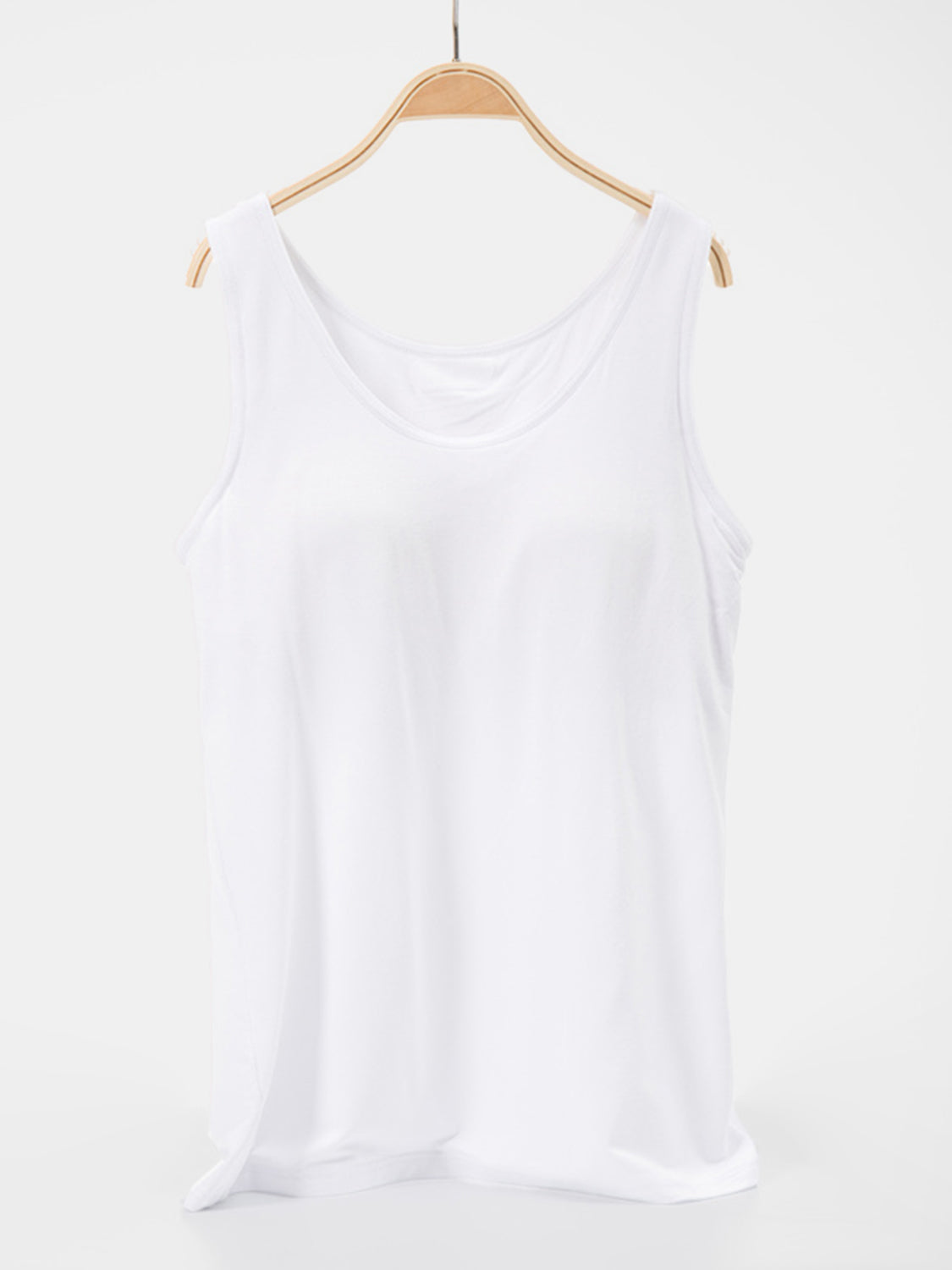 Scoop neck wide strap tank, opaque and moderately stretchy.