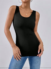 Scoop neck wide strap tank, opaque and slightly stretchy.