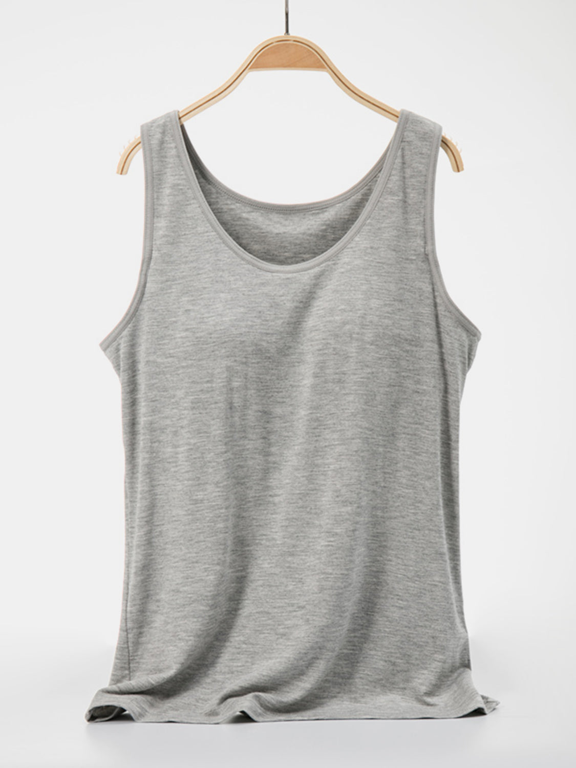 Scoop neck wide strap tank, opaque and moderately stretchy.