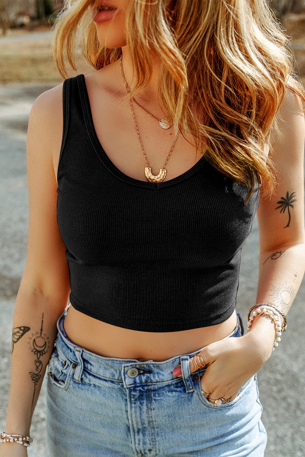 Scoop neck wide strap tank, opaque and slightly stretchy.