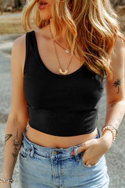 Scoop neck wide strap tank, opaque and slightly stretchy.