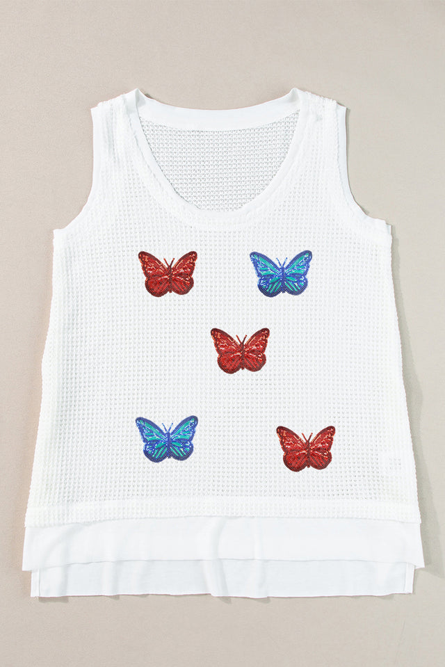Sequin butterfly round neck tank, opaque and slightly stretchy.