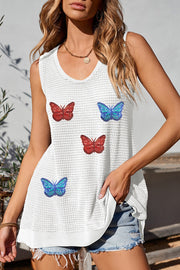 Sequin butterfly round neck tank, opaque and slightly stretchy.