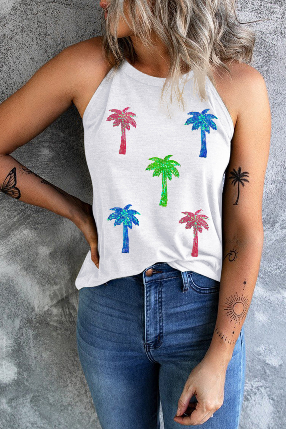 Sequin coconut tree round neck tank, opaque.