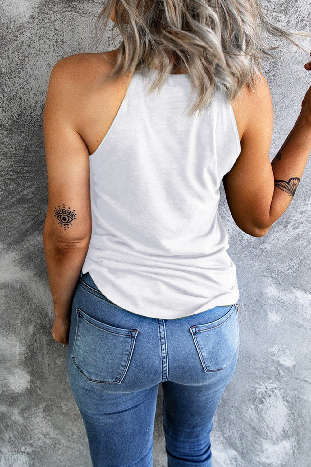 Sequin coconut tree round neck tank, opaque.