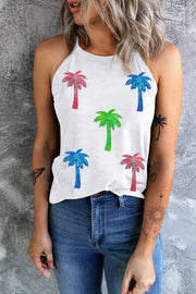 Sequin coconut tree round neck tank, opaque.
