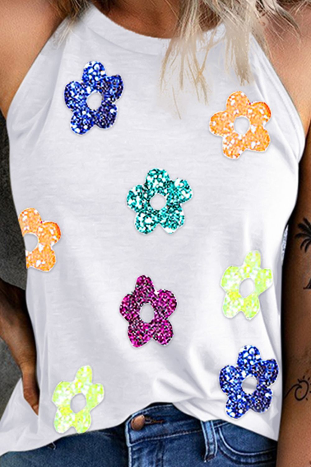 Sequin flower Grecian neck tank, opaque and slightly stretchy.