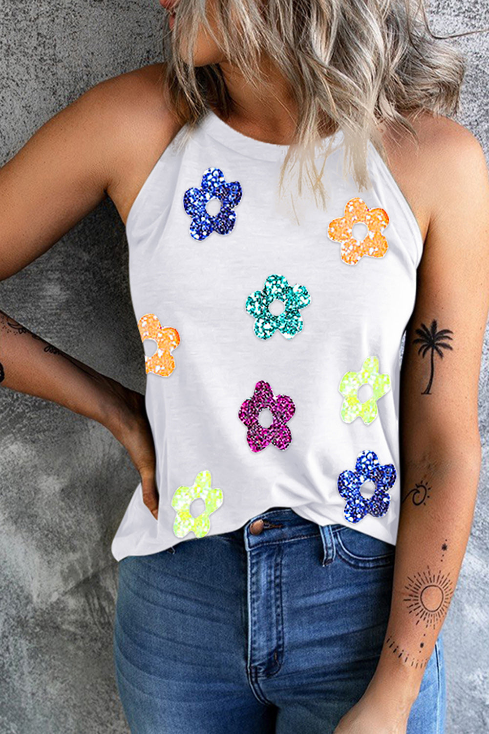 Sequin flower Grecian neck tank, opaque and slightly stretchy.