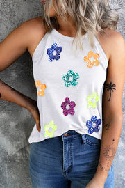 Sequin flower Grecian neck tank, opaque and slightly stretchy.