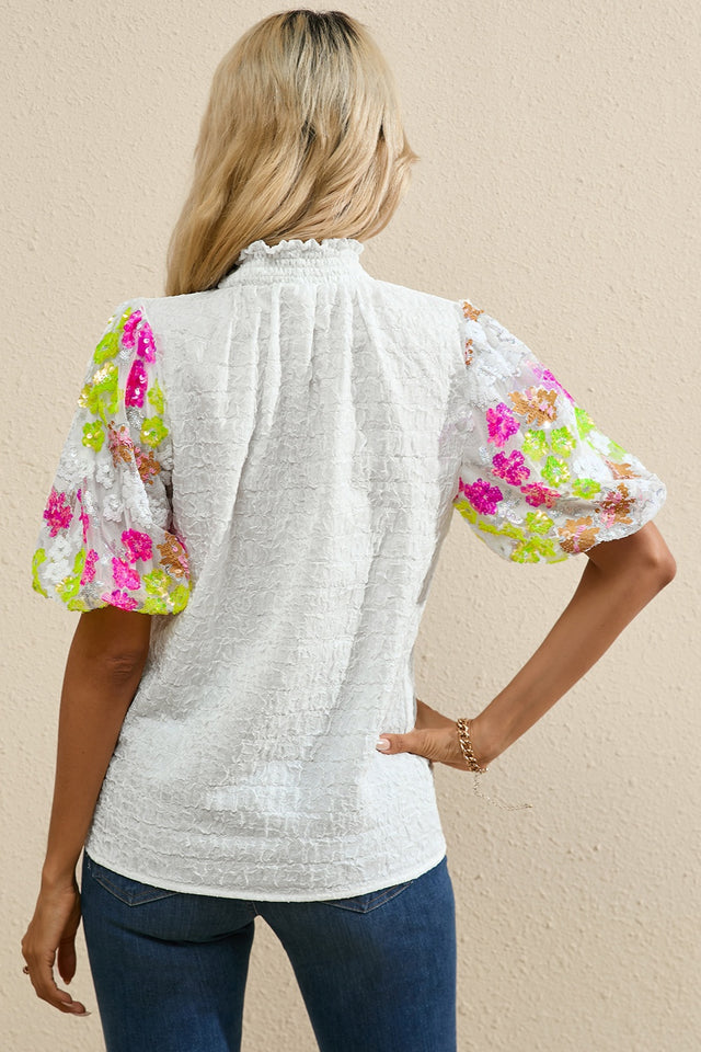 Sequin Flower Mock Neck Half Sleeve Blouse with Sequin.