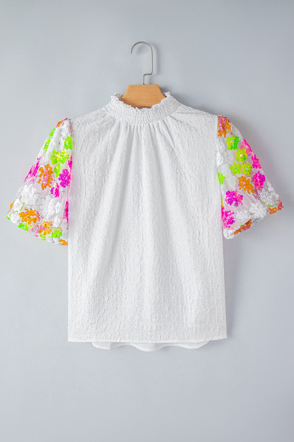 Sequin Flower Mock Neck Half Sleeve Blouse with Sequin.