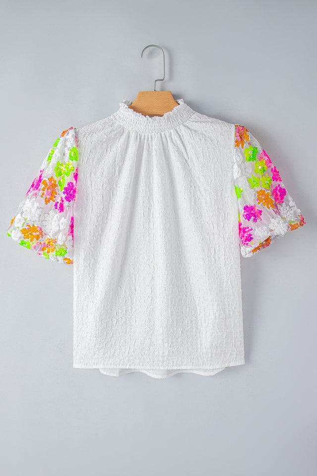 Sequin Flower Mock Neck Half Sleeve Blouse with Sequin.