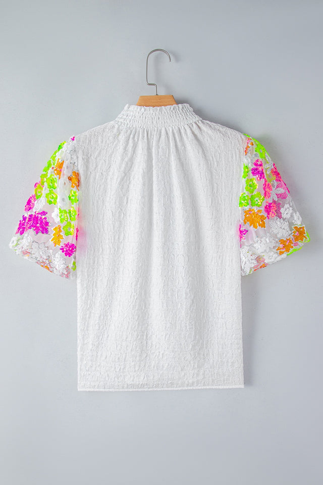 Sequin Flower Mock Neck Half Sleeve Blouse with Sequin.