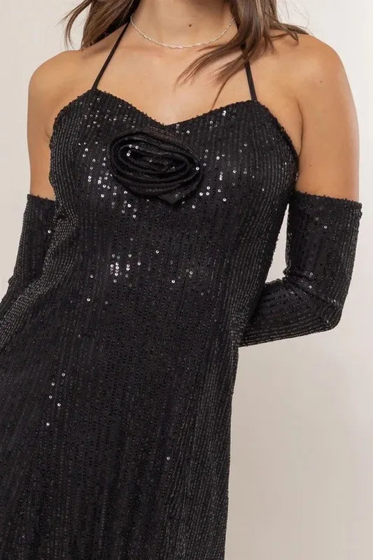 Sequin Rosette Halter Mini Dress