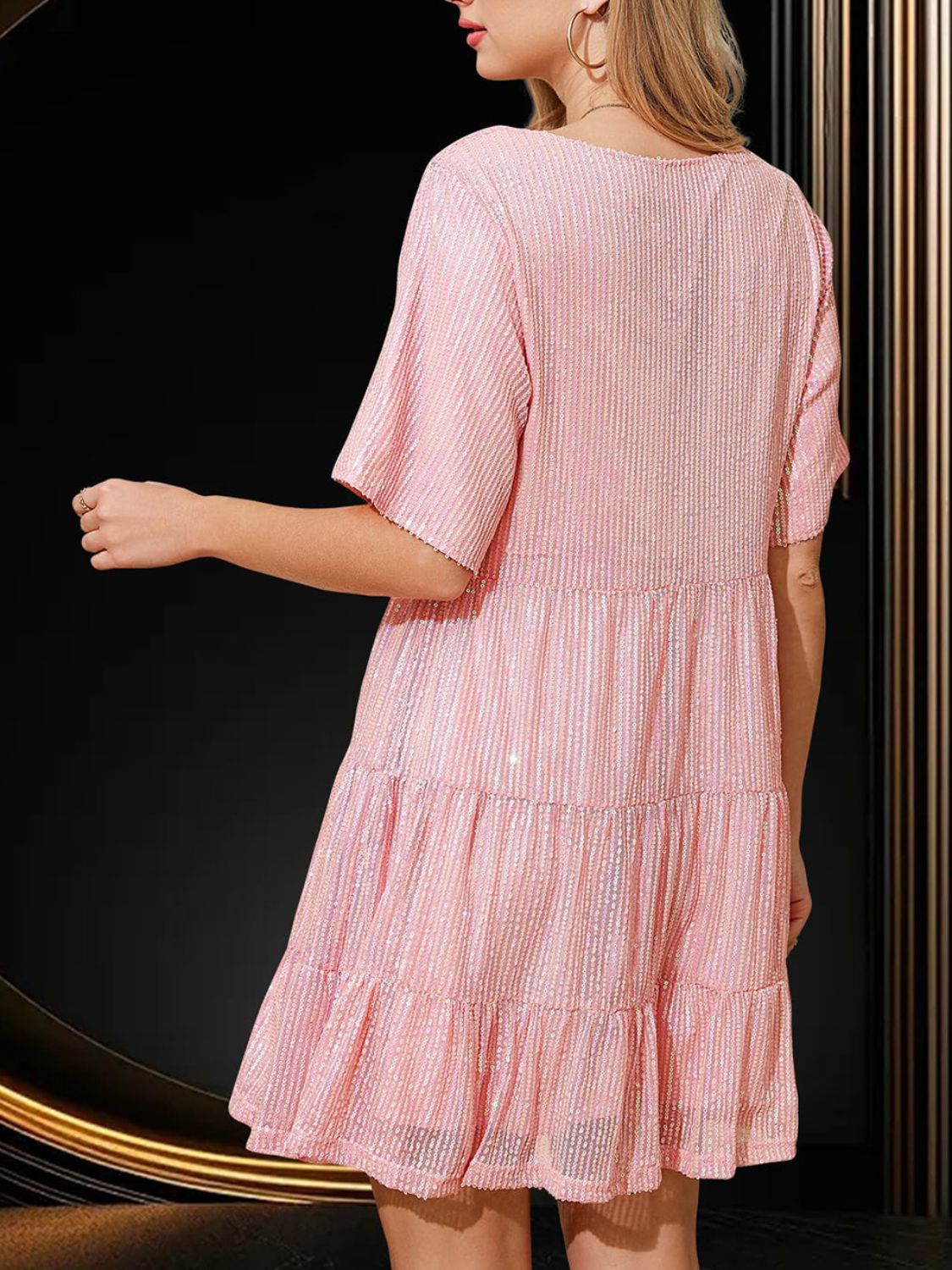 Sequin Round Neck Half Sleeve Mini Dress.