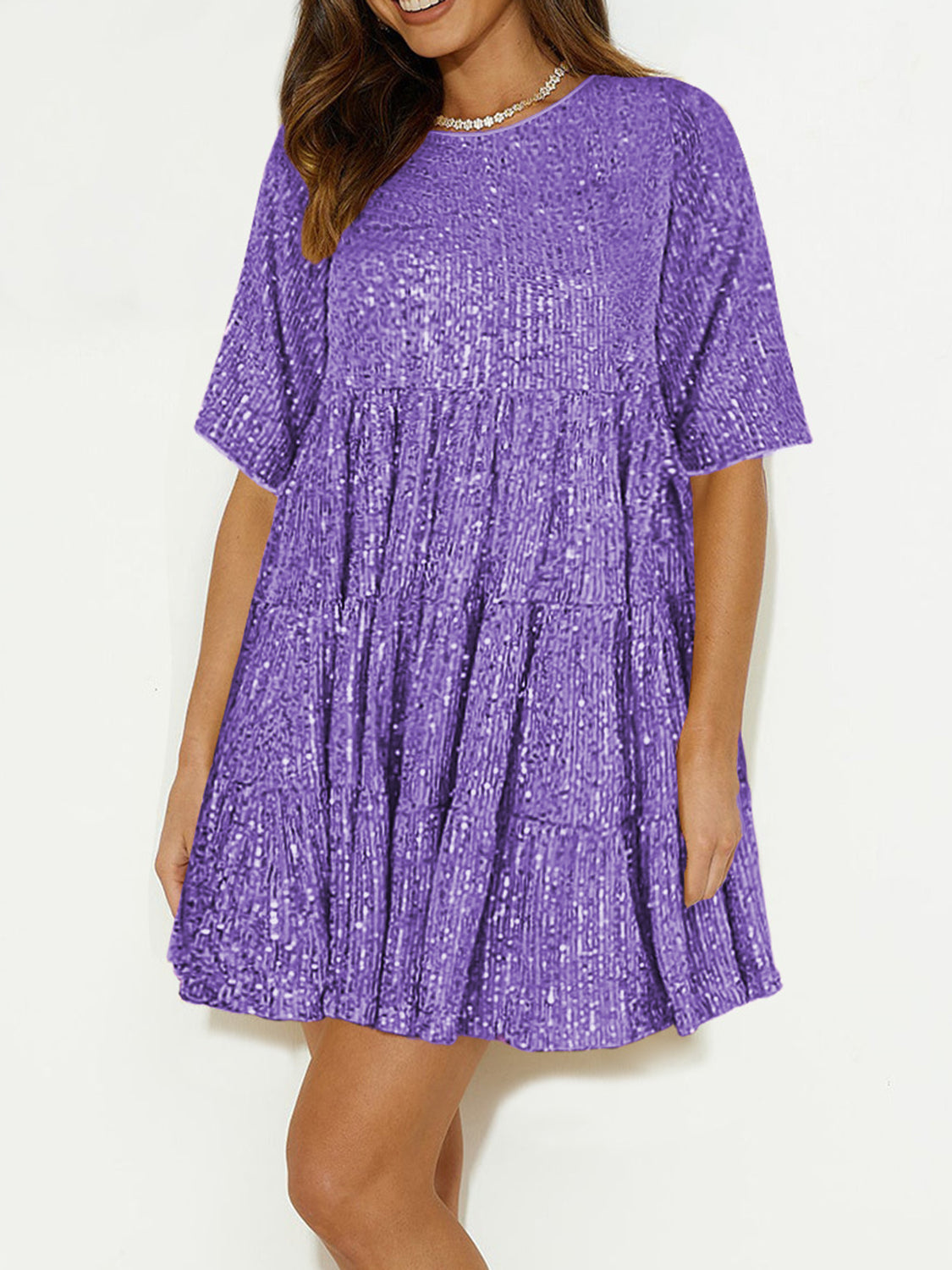 Sequin Round Neck Half Sleeve Mini Dress.