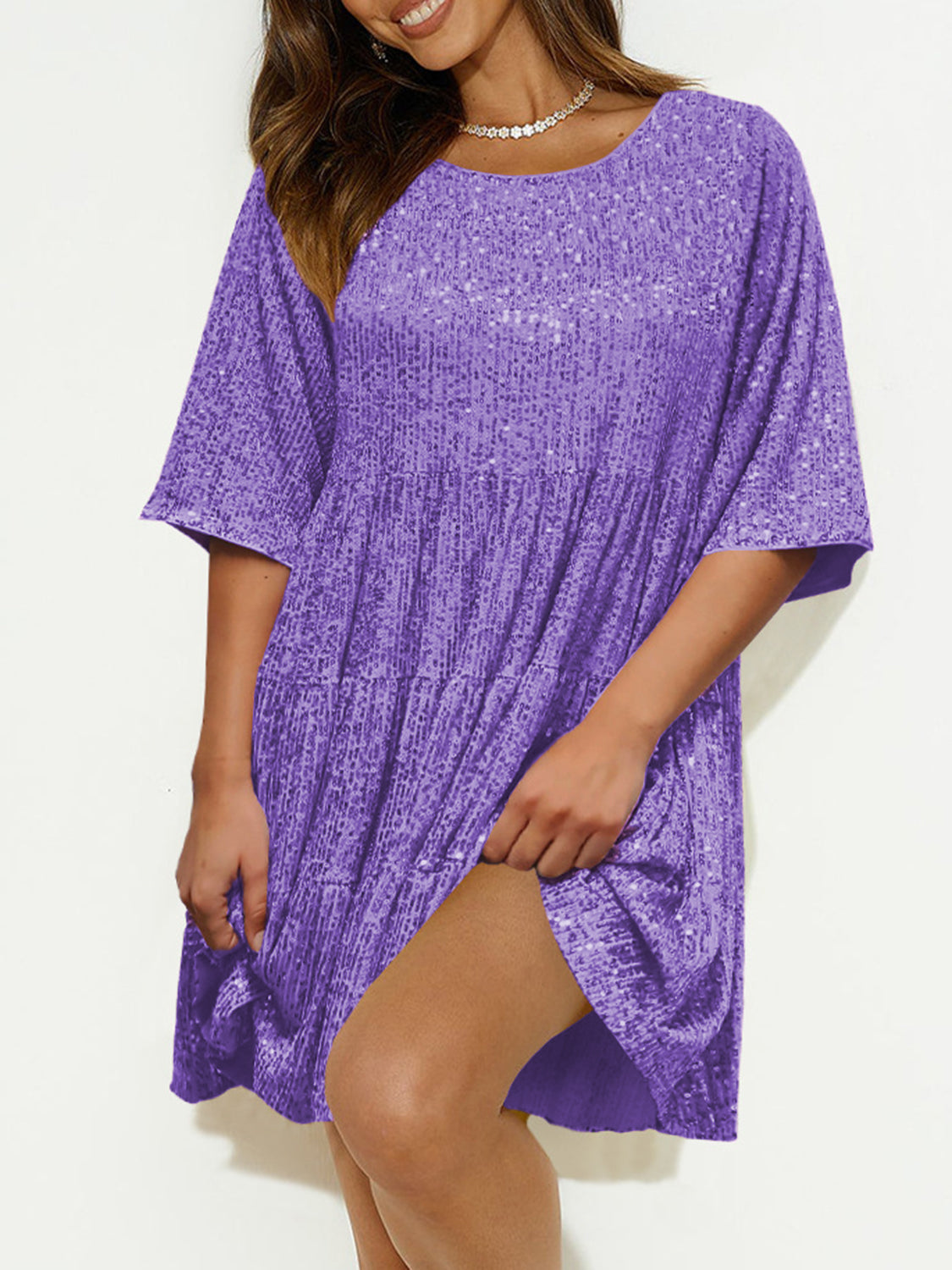Sequin Round Neck Half Sleeve Mini Dress.