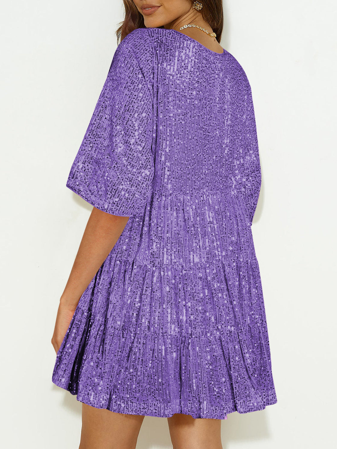 Sequin Round Neck Half Sleeve Mini Dress.
