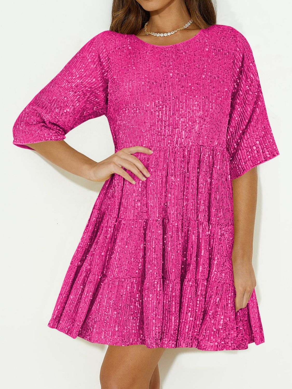 Sequin Round Neck Half Sleeve Mini Dress.