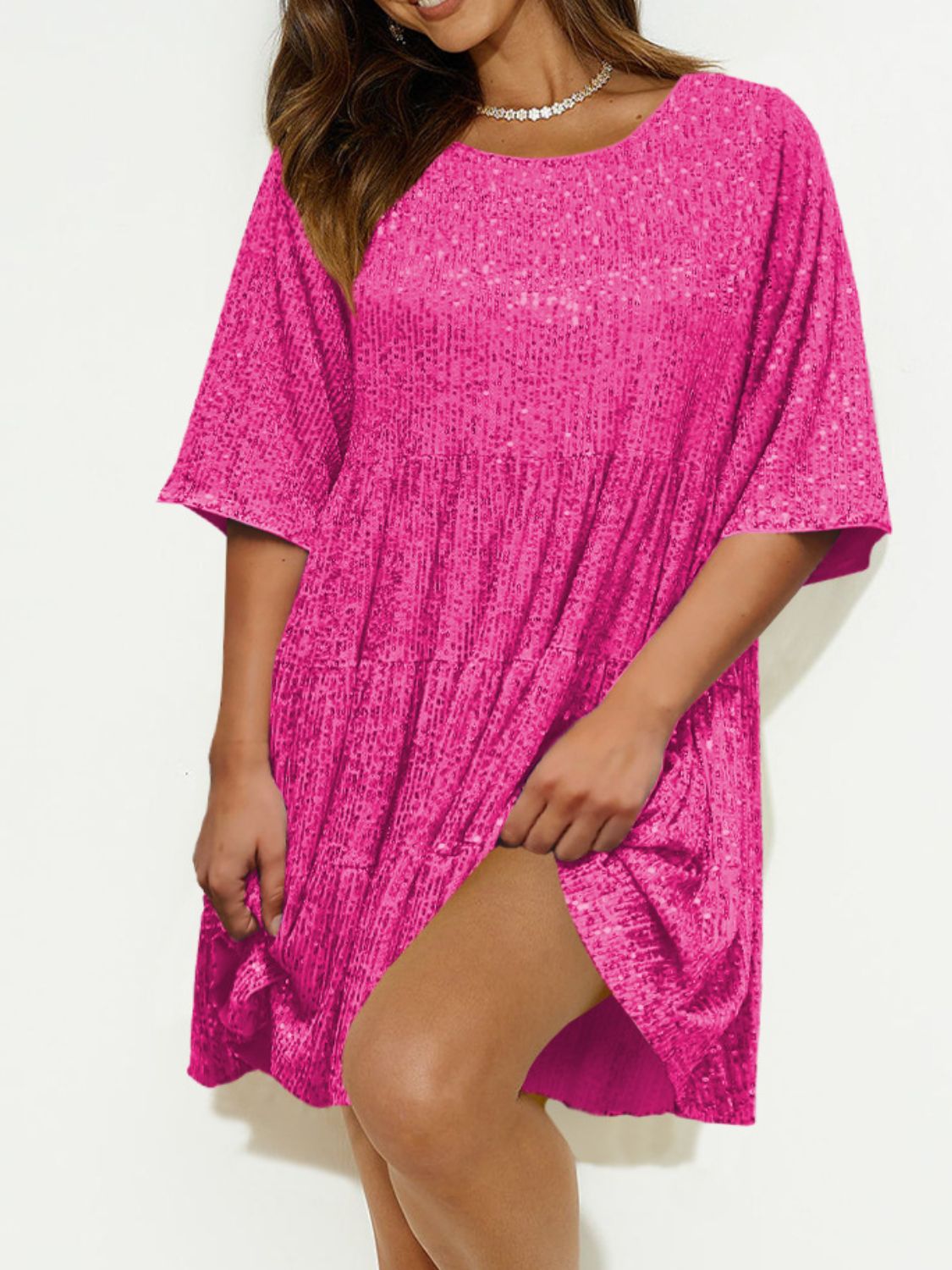 Sequin Round Neck Half Sleeve Mini Dress.
