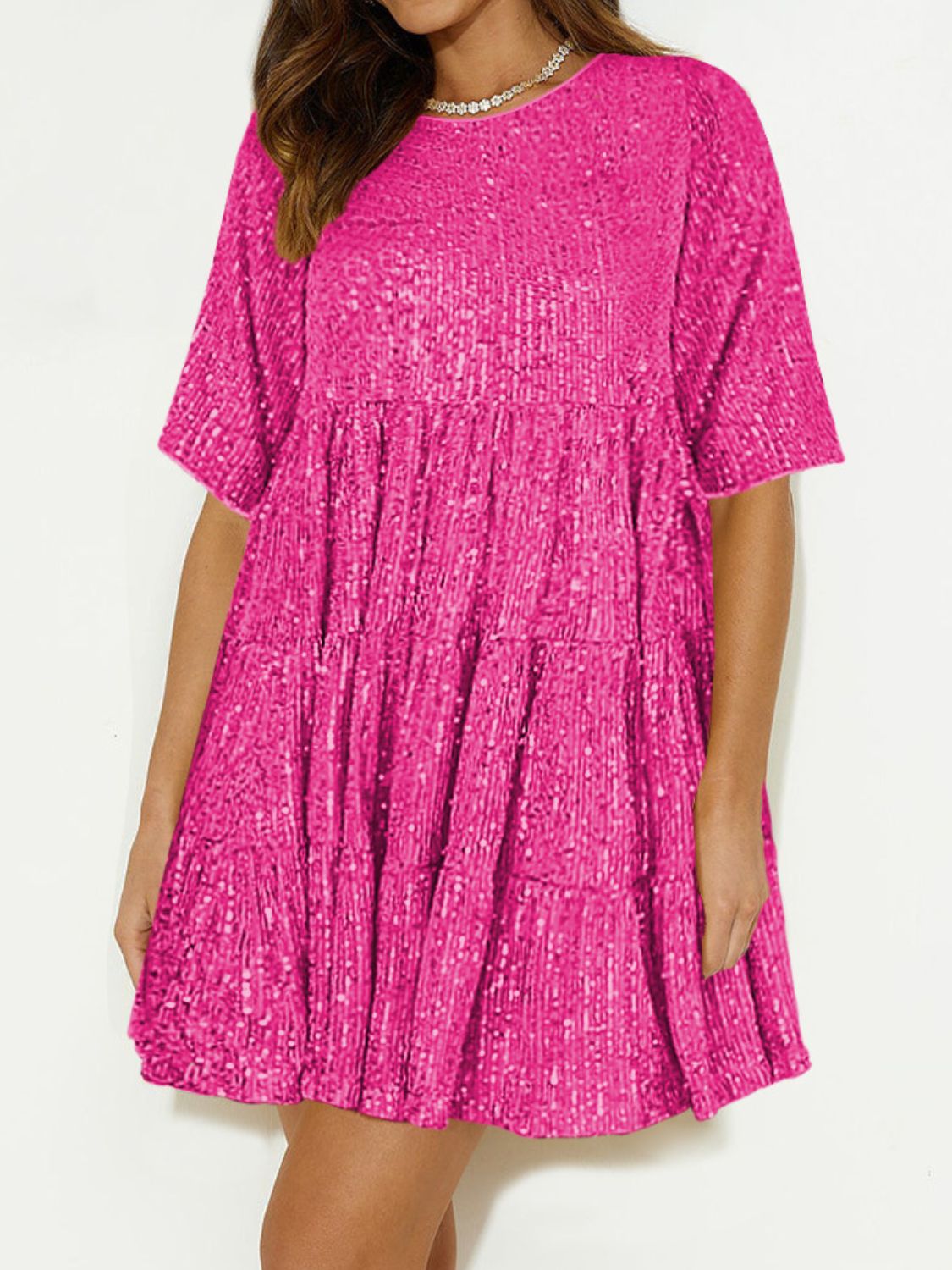 Sequin Round Neck Half Sleeve Mini Dress.