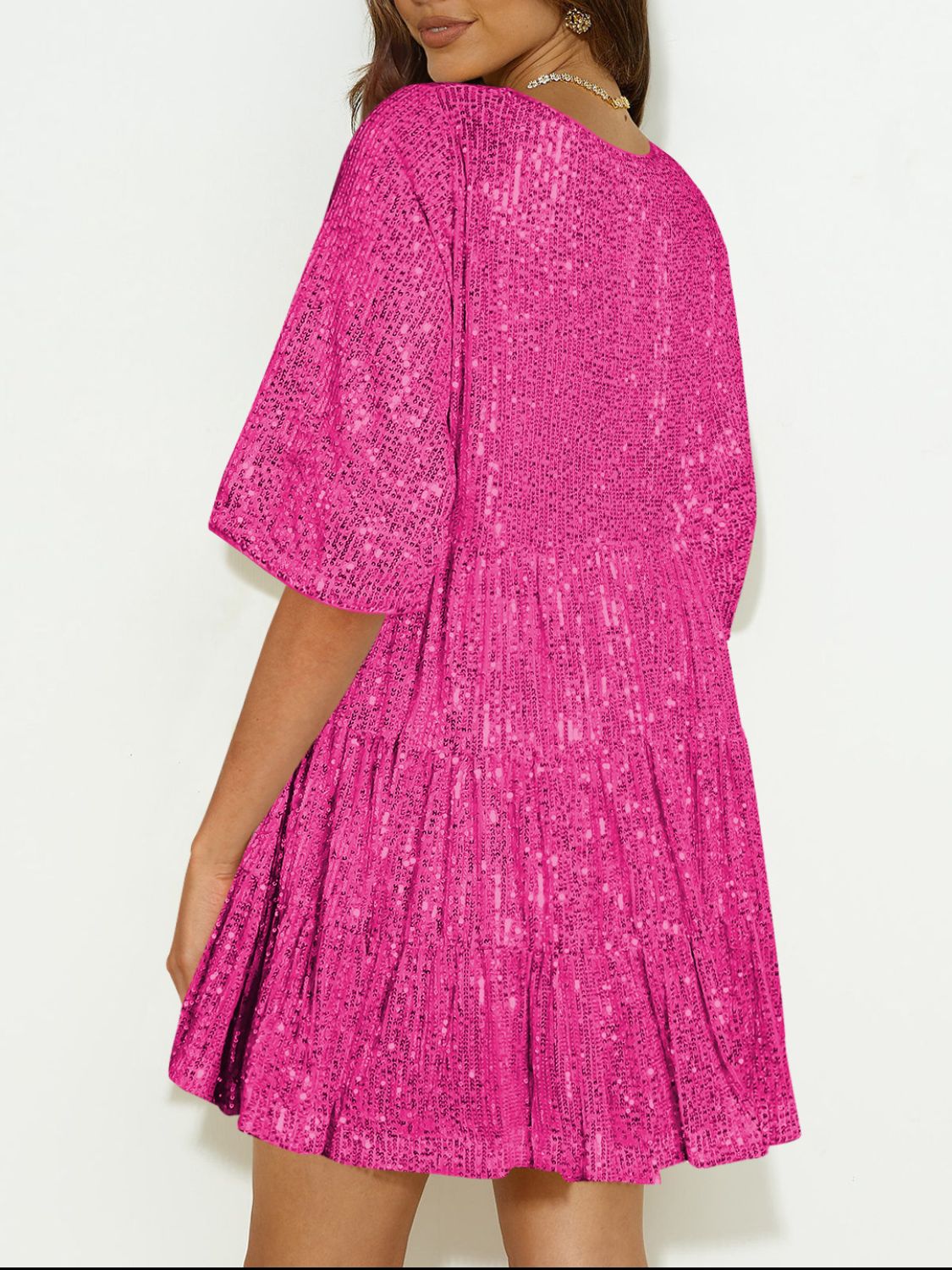 Sequin Round Neck Half Sleeve Mini Dress.