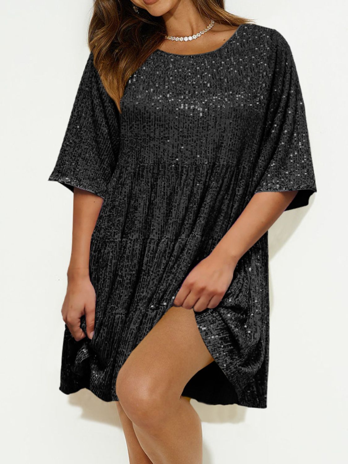 Sequin Round Neck Half Sleeve Mini Dress.