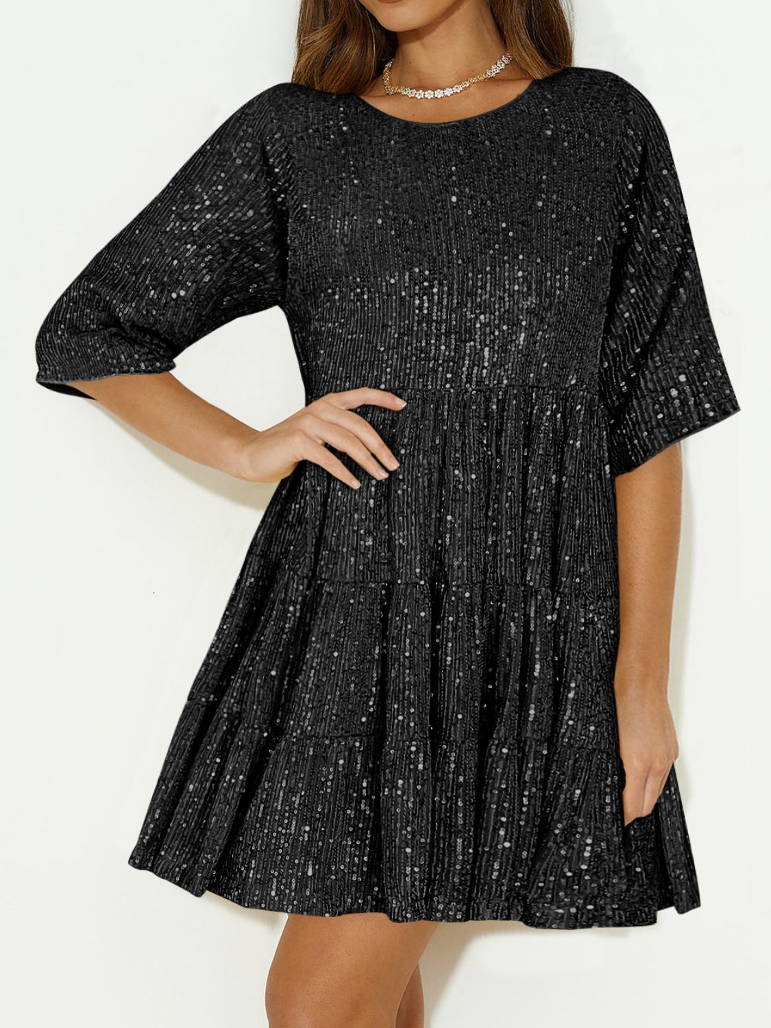 Sequin Round Neck Half Sleeve Mini Dress.
