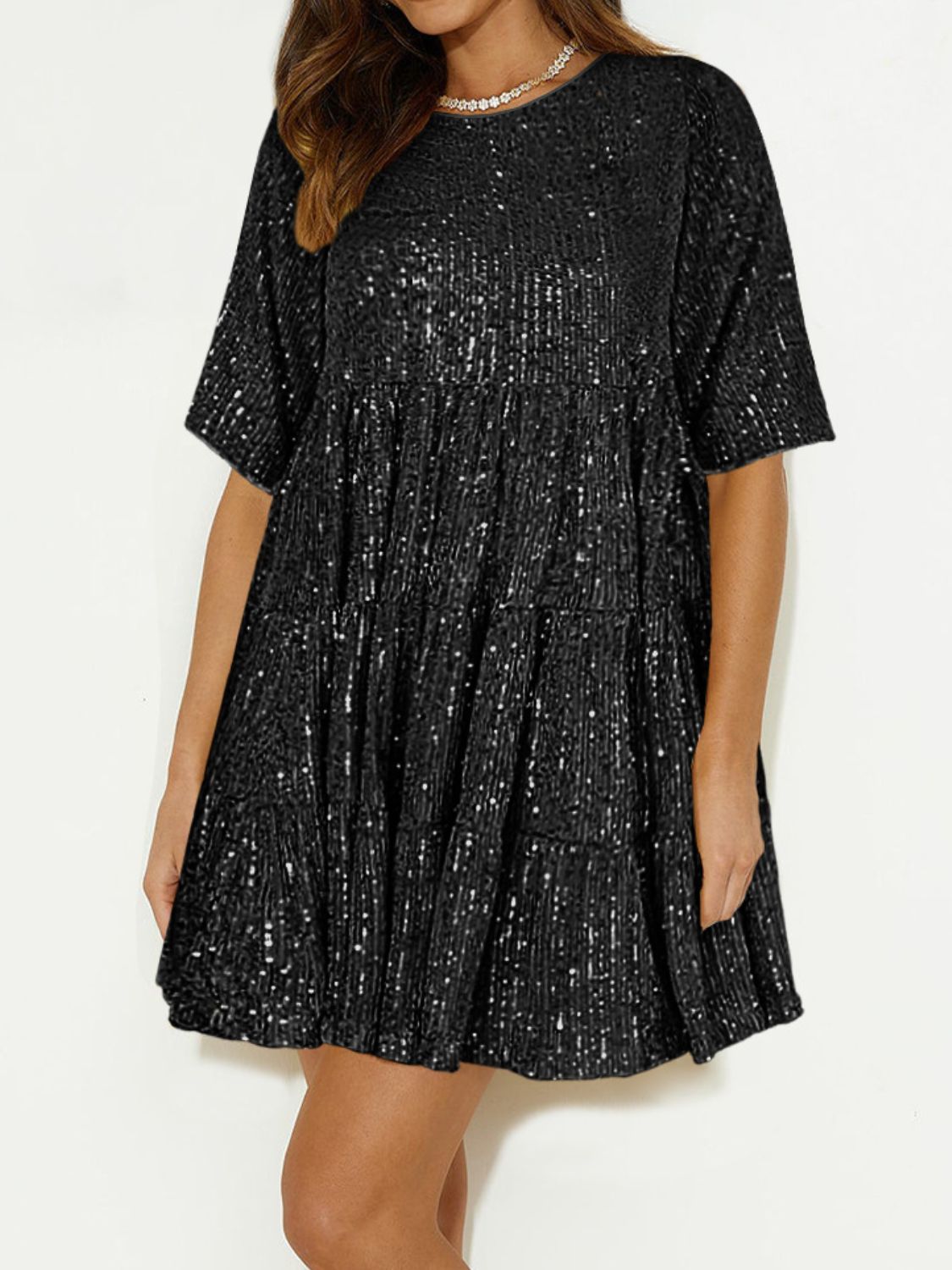 Sequin Round Neck Half Sleeve Mini Dress.